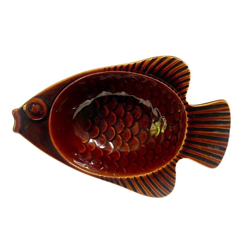 Brown Fish Tray Dip Bowl MCM Vintage 8" Set of 4 Made in USA Pottery Cottage